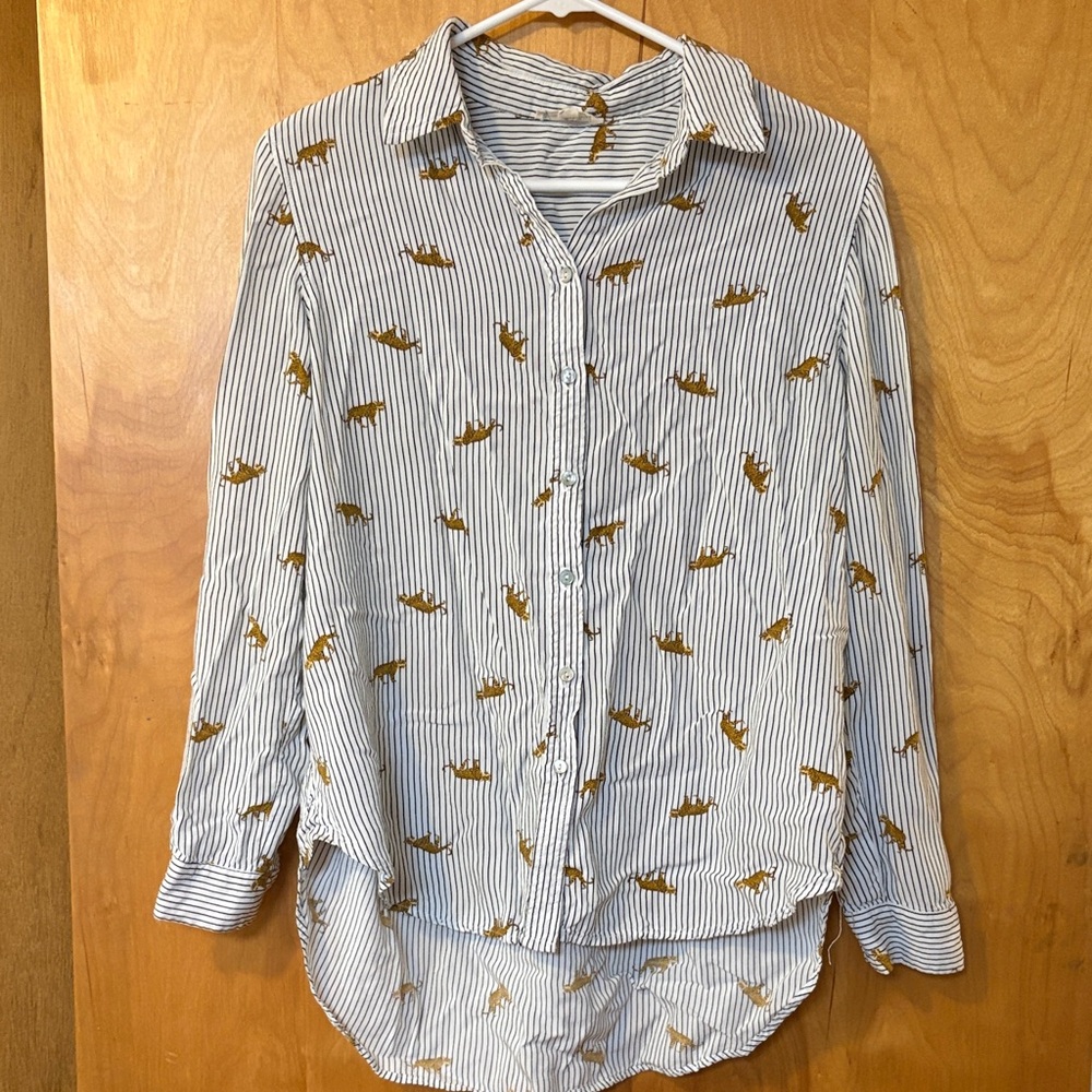 Striped White & Blue Button-Up Shirt with Mustard Cheetah Print